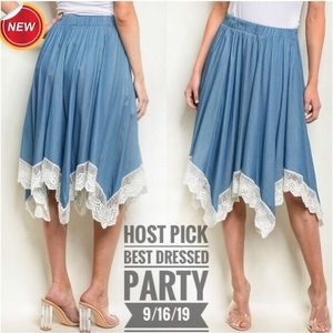 Chambray Skirt with Embroidered Shark bite hem